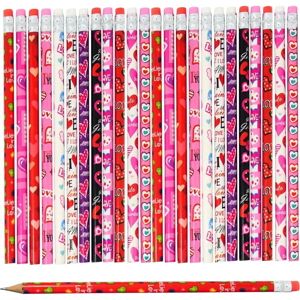 4E’s Novelty 36-Pack Valentine Pencils with Erasers – Heart-Themed Classroom Party Favors