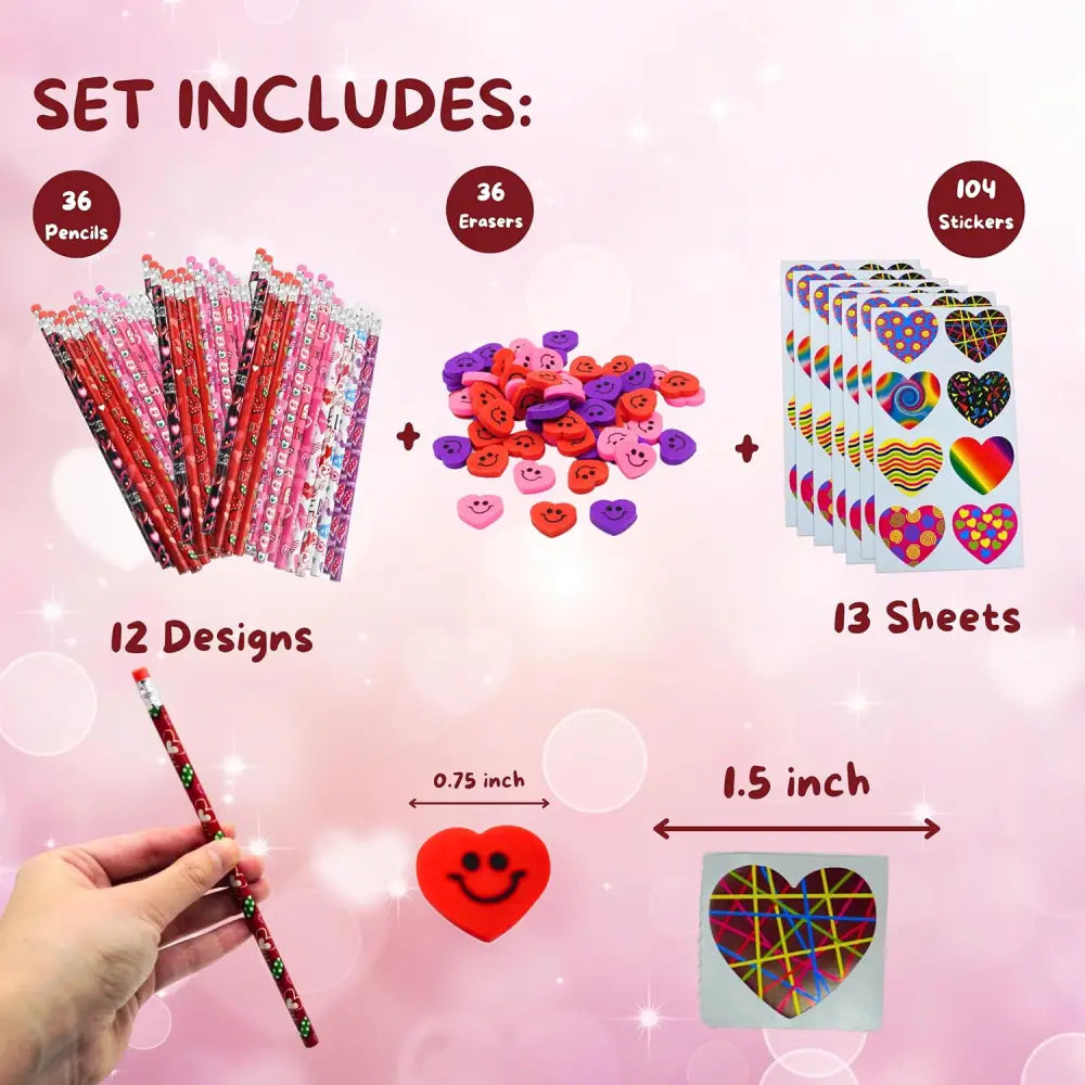 4E’s Novelty 36-Pack Valentine’s Day Stationery – Pencils Erasers & Stickers for Class Parties