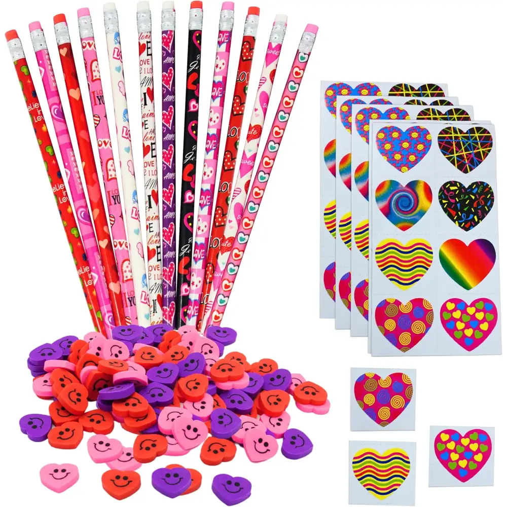 4E’s Novelty 36-Pack Valentine’s Day Stationery – Pencils Erasers & Stickers for Class Parties