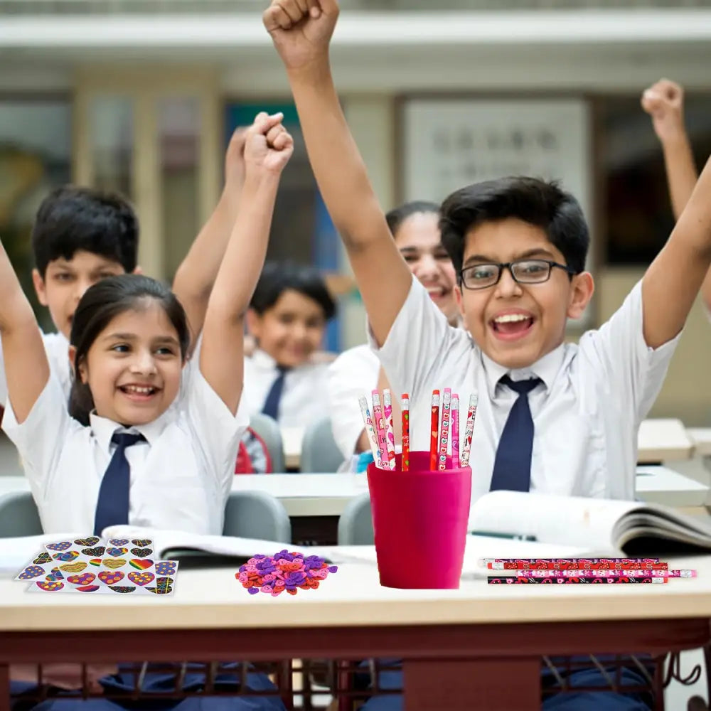 4E’s Novelty 36-Pack Valentine’s Day Stationery – Pencils Erasers & Stickers for Class Parties