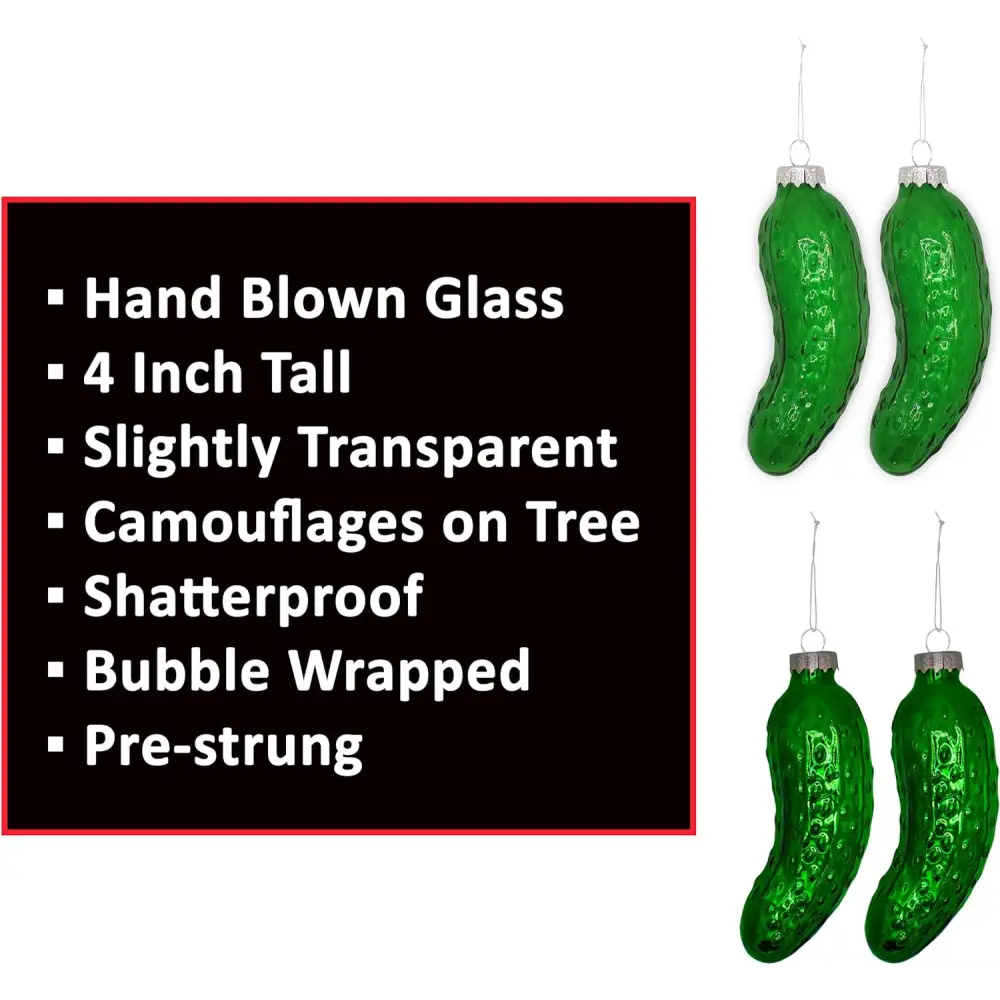 4E’s Novelty 4 Pack Blown Glass Pickle Ornament for Christmas Tree - 4” Christmas Pickle for Traditional German