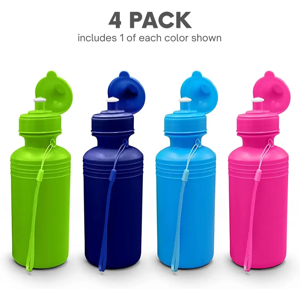 4E’s Novelty 4 Pack Kids Water Bottles – 18oz BPA-Free Reusable with Strap