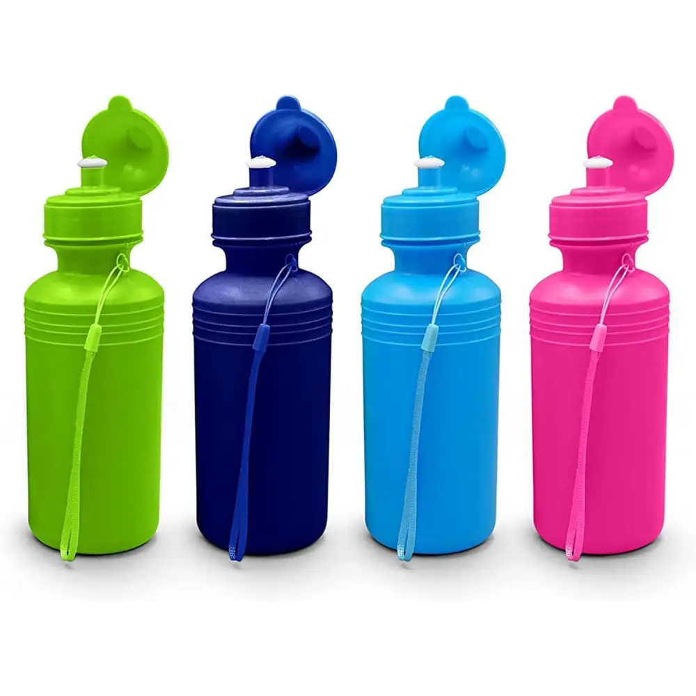 4E’s Novelty 4 Pack Kids Water Bottles – 18oz BPA-Free Reusable with Strap