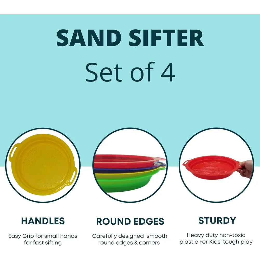 4Eโs Novelty 4 Pack Sand Sifter โ 8.75โโ Sandbox Toys for Kids Durable Beach Rock Strainers