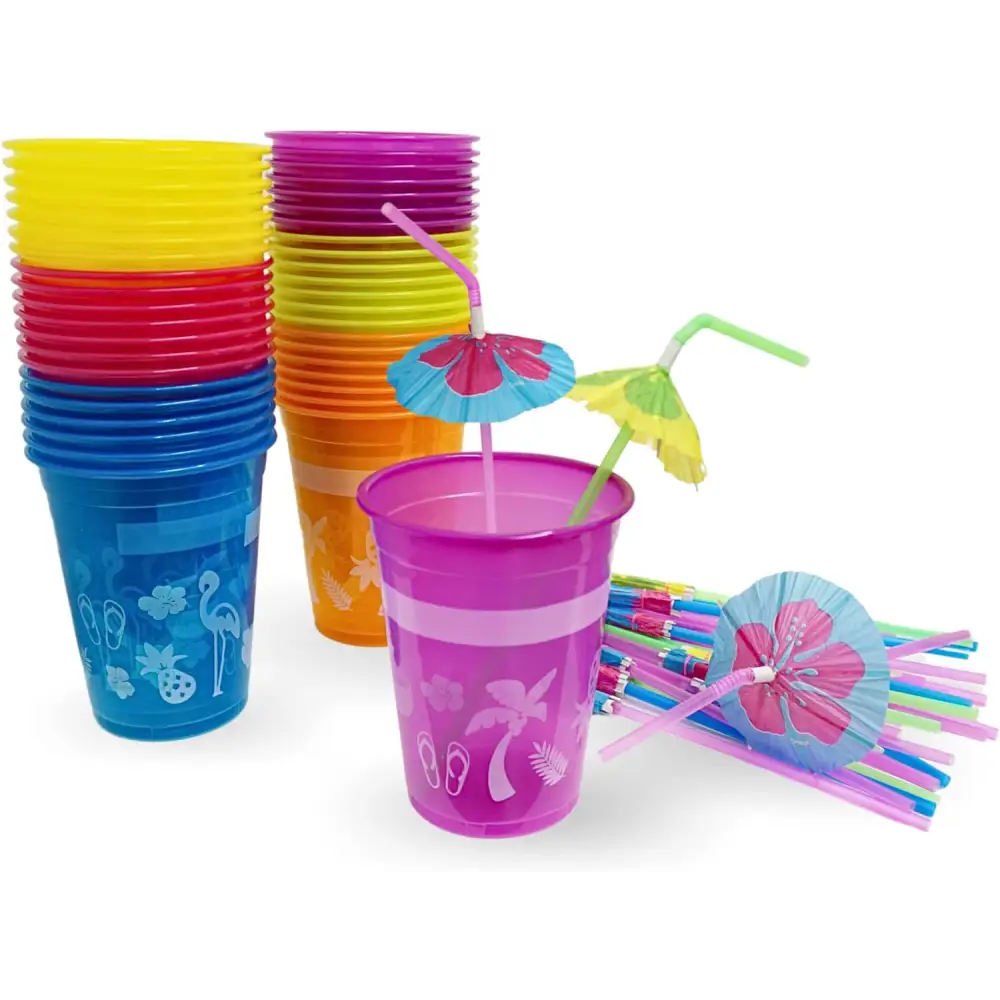 4E’s Novelty 48-Pack Tropical Party Cups with Parasol Straws – Vibrant Hawaiian Luau Drinkware Set