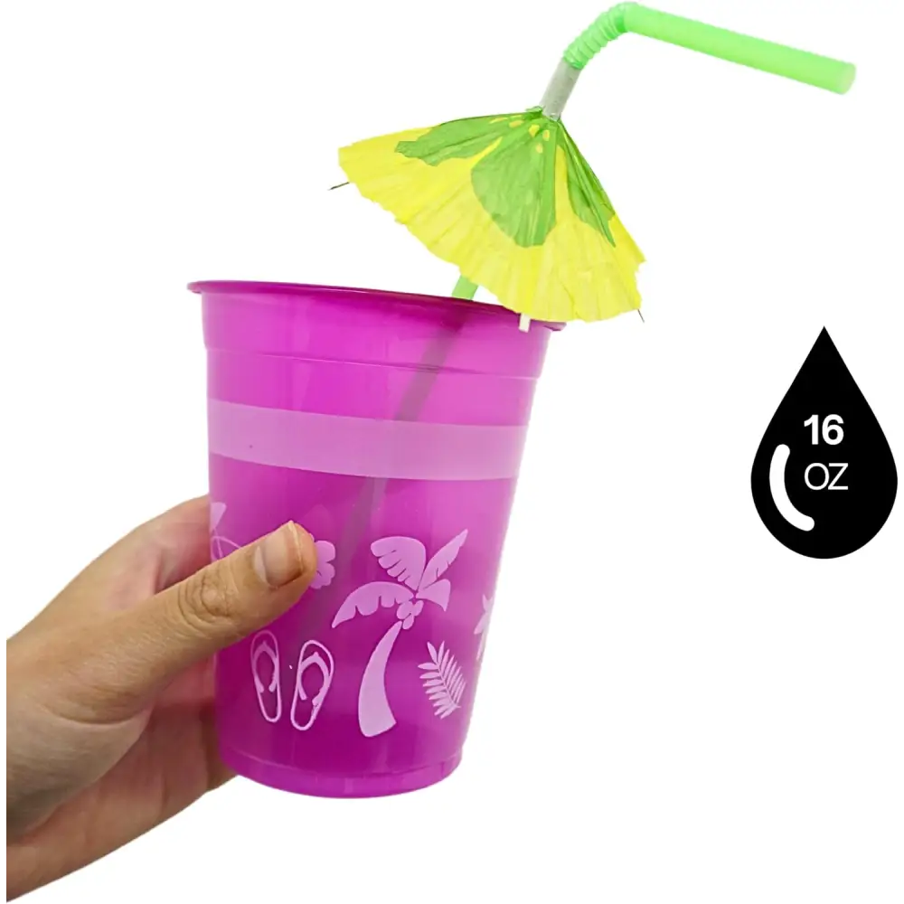 4E’s Novelty 48-Pack Tropical Party Cups with Parasol Straws – Vibrant Hawaiian Luau Drinkware Set