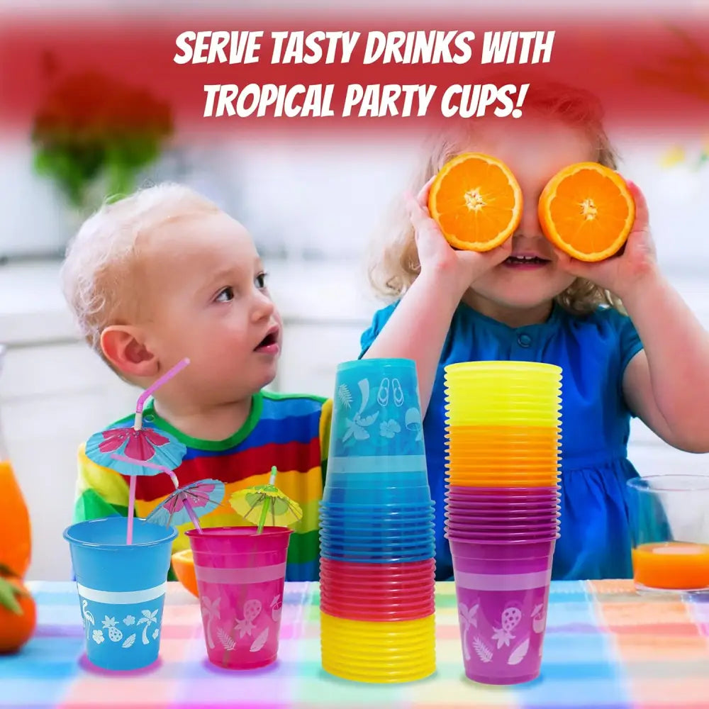 4E’s Novelty 48-Pack Tropical Party Cups with Parasol Straws – Vibrant Hawaiian Luau Drinkware Set