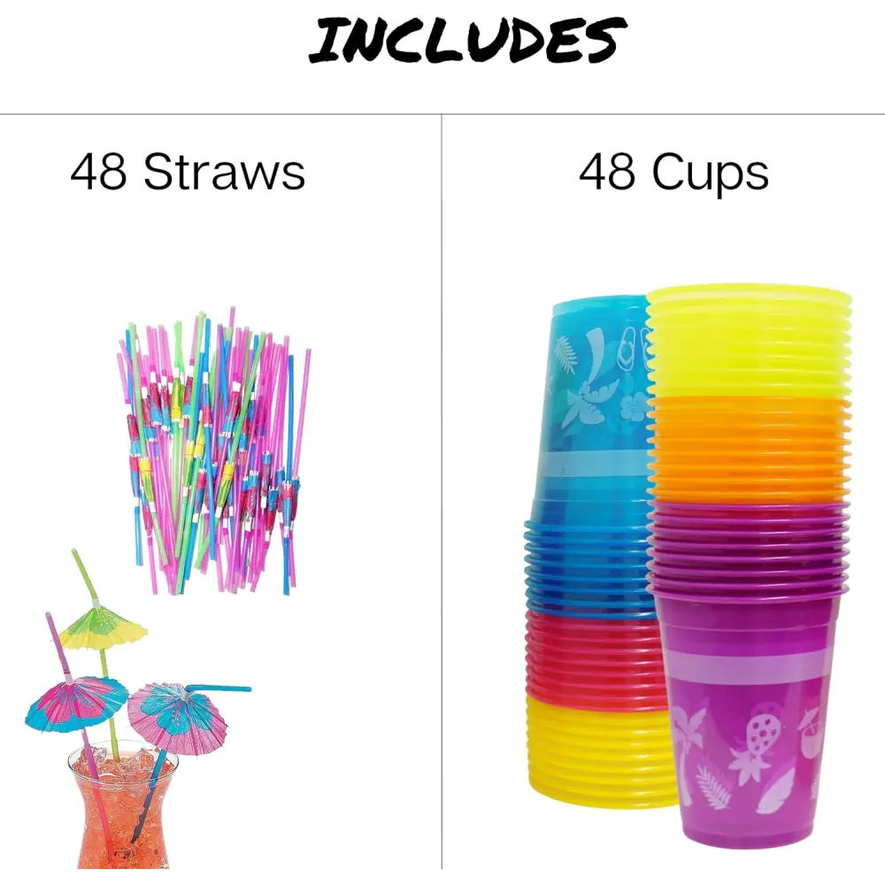 4E’s Novelty 48-Pack Tropical Party Cups with Parasol Straws – Vibrant Hawaiian Luau Drinkware Set