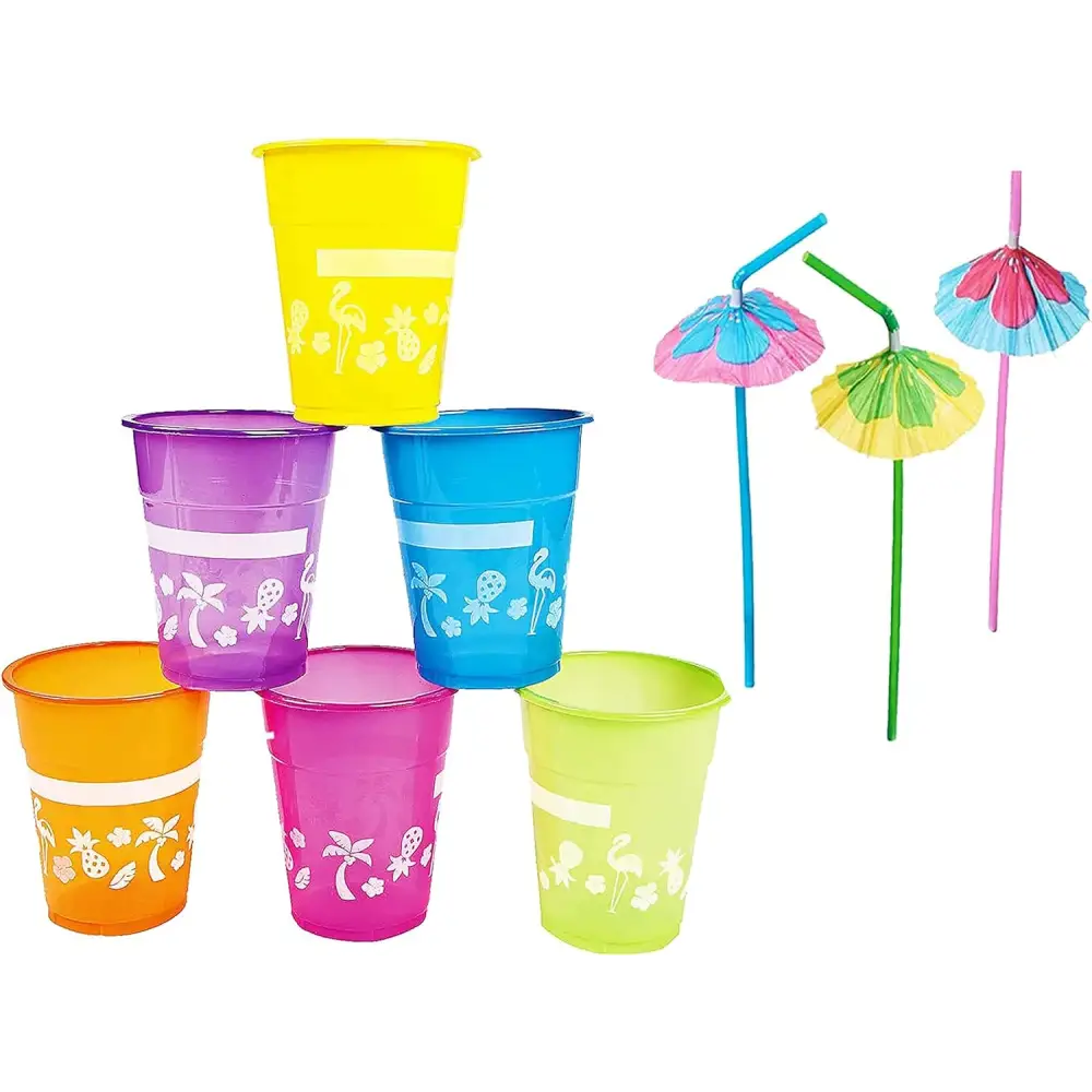 4E’s Novelty 48-Pack Tropical Party Cups with Parasol Straws – Vibrant Hawaiian Luau Drinkware Set