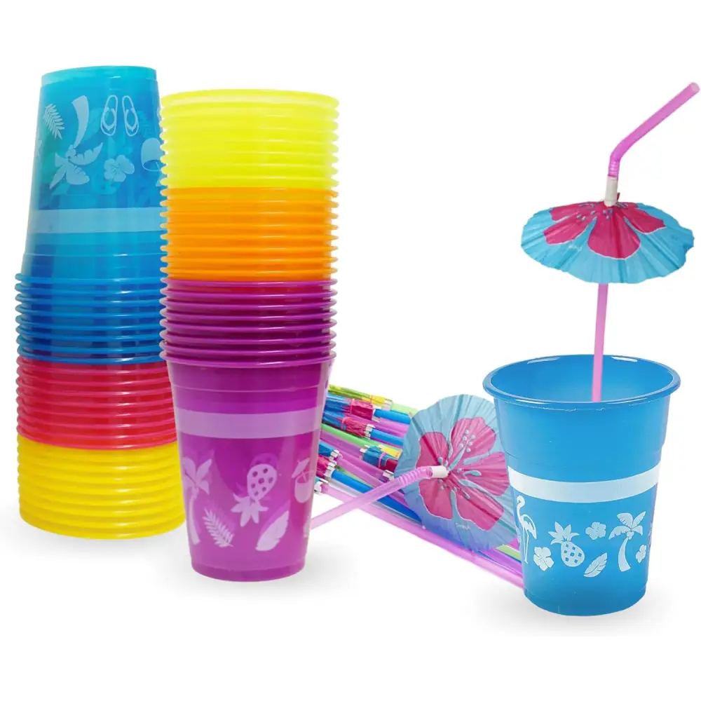 4E’s Novelty 48-Pack Tropical Party Cups with Parasol Straws – Vibrant Hawaiian Luau Drinkware Set