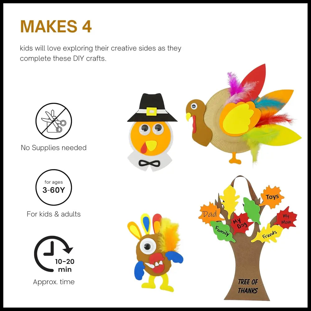 4Eโs Novelty 4pcs Thanksgiving Craft for Kids- Turkey Plate Pilgrim Magnet Turkey Monster Thankful Tree - Thanksgiving