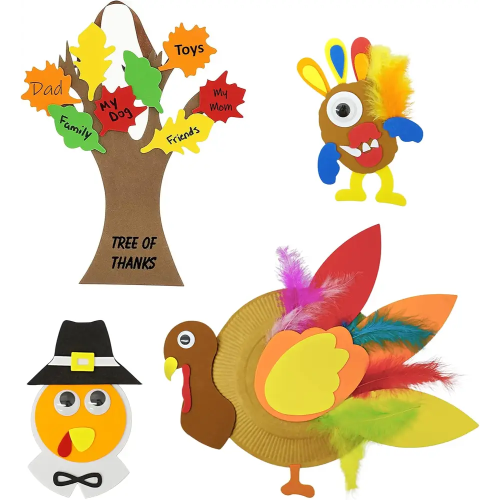 4Eโs Novelty 4pcs Thanksgiving Craft for Kids- Turkey Plate Pilgrim Magnet Turkey Monster Thankful Tree - Thanksgiving