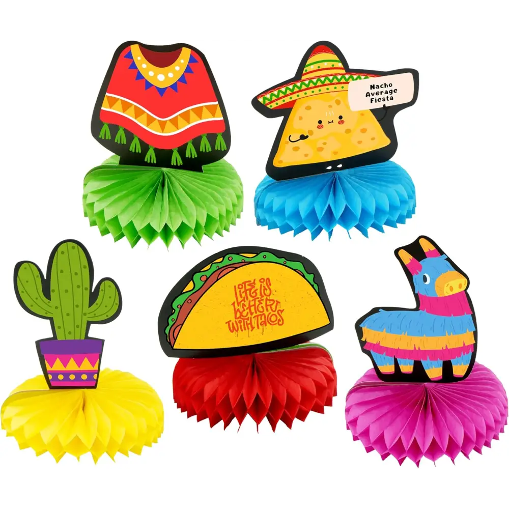 4E’s Novelty 5 Pack Cinco de Mayo Honeycomb Centerpiece – Fiesta Party Decorations for Taco Tuesday Birthdays & Mexican