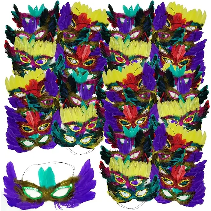 4E’s Novelty 50-Pack Feathered Mardi Gras Masks for Adults Masquerade Party Accessories