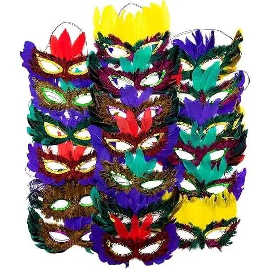 4E’s Novelty 50-Pack Feathered Mardi Gras Masks for Adults Masquerade Party Accessories