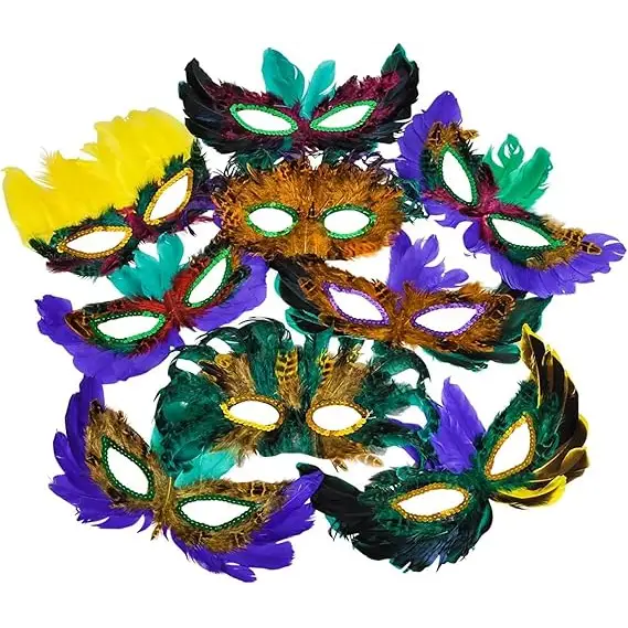 4E’s Novelty 50-Pack Feathered Mardi Gras Masks for Adults Masquerade Party Accessories