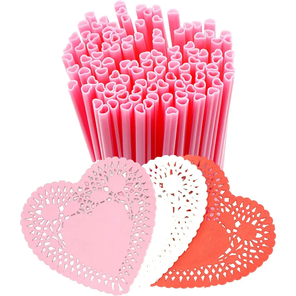 4E’s Novelty 50-Pcs Pink Heart Straws & Doilies – Perfect for Valentines & Wedding Decorations