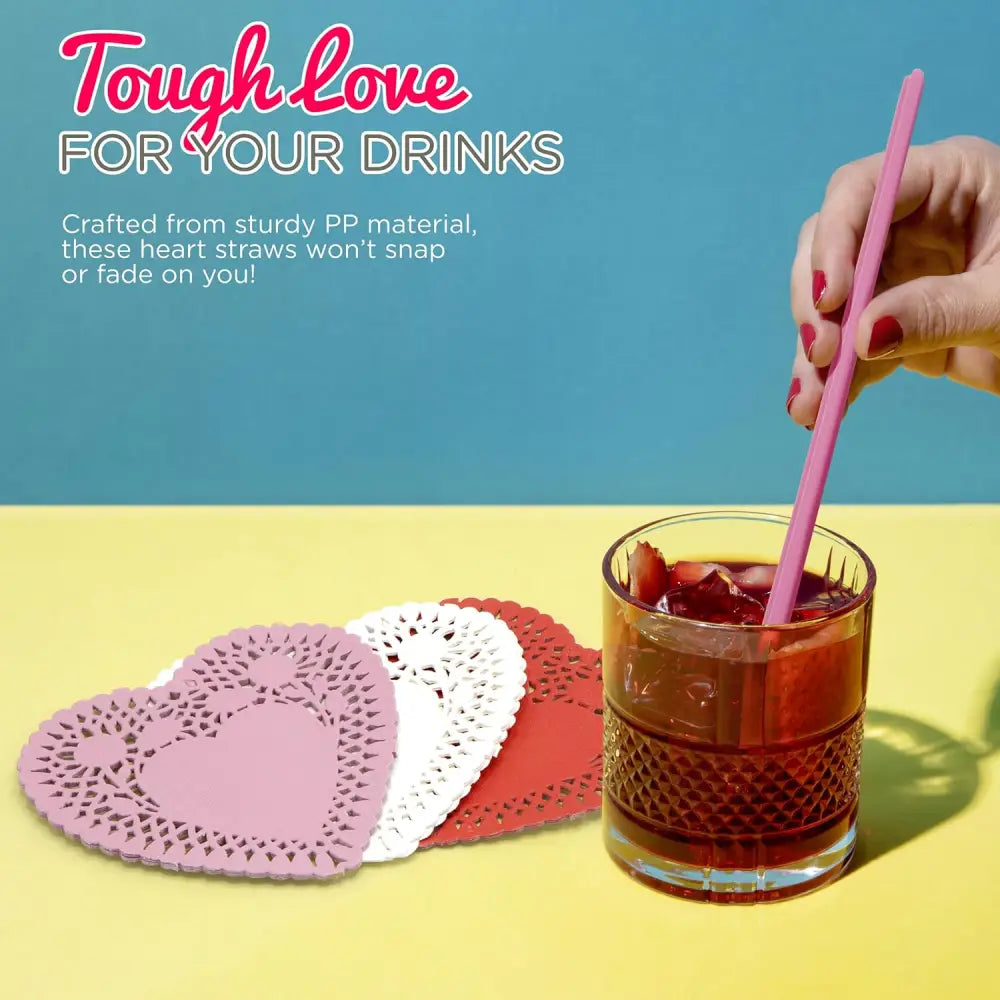 4E’s Novelty 50-Pcs Pink Heart Straws & Doilies – Perfect for Valentines & Wedding Decorations