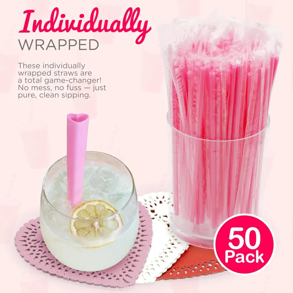 4E’s Novelty 50-Pcs Pink Heart Straws & Doilies – Perfect for Valentines & Wedding Decorations