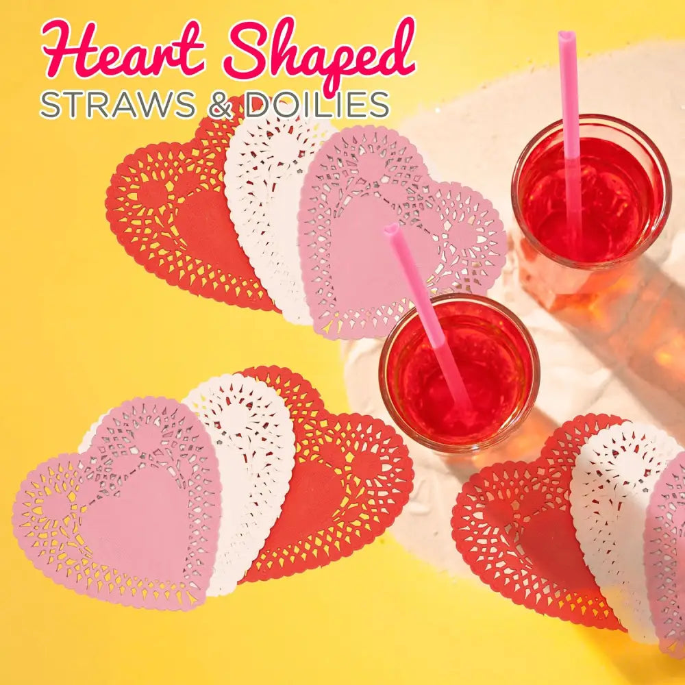 4E’s Novelty 50-Pcs Pink Heart Straws & Doilies – Perfect for Valentines & Wedding Decorations