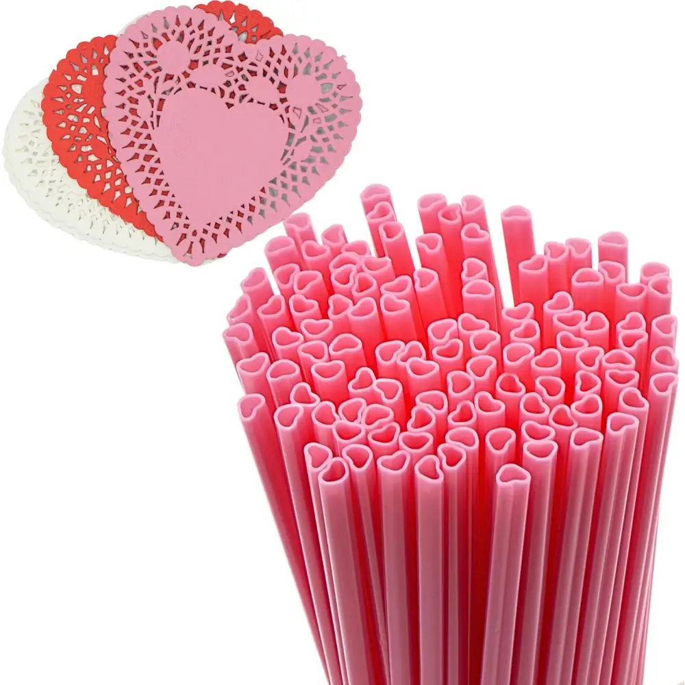 4E’s Novelty 50-Pcs Pink Heart Straws & Doilies – Perfect for Valentines & Wedding Decorations