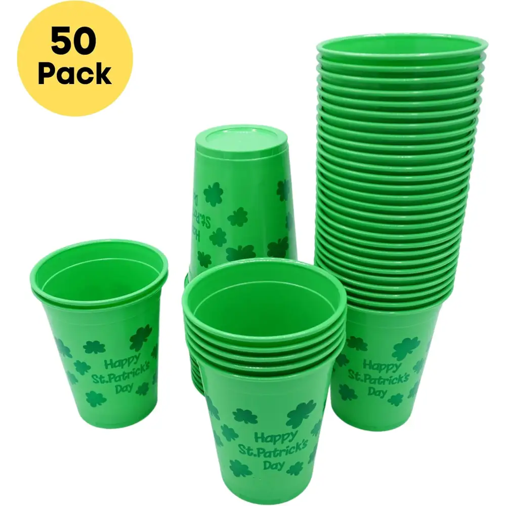 4E’s Novelty 50 Pcs St. Patrick’s Day Party Cups – Shamrock 16 Oz Disposable Plastic Cups for Events