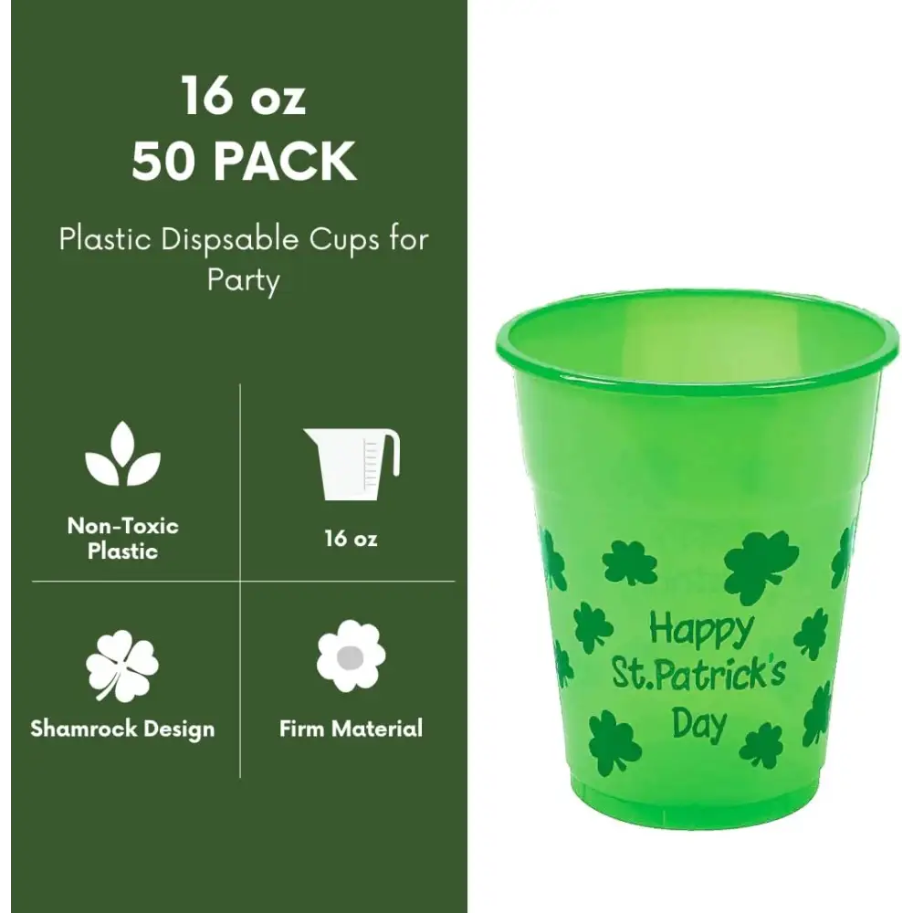 4E’s Novelty 50 Pcs St. Patrick’s Day Party Cups – Shamrock 16 Oz Disposable Plastic Cups for Events