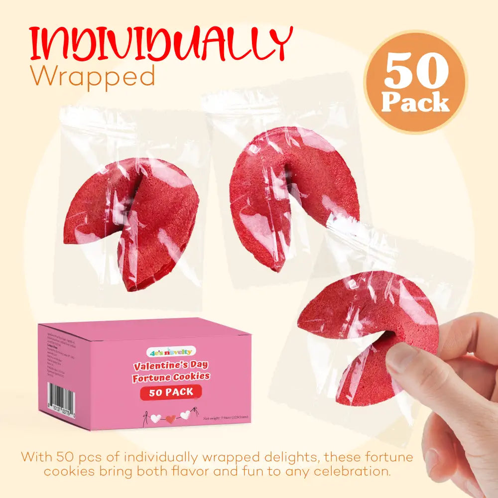 4E’s Novelty 50 Valentine Fortune Cookies – Individually Wrapped Non-Candy Treats for Parties