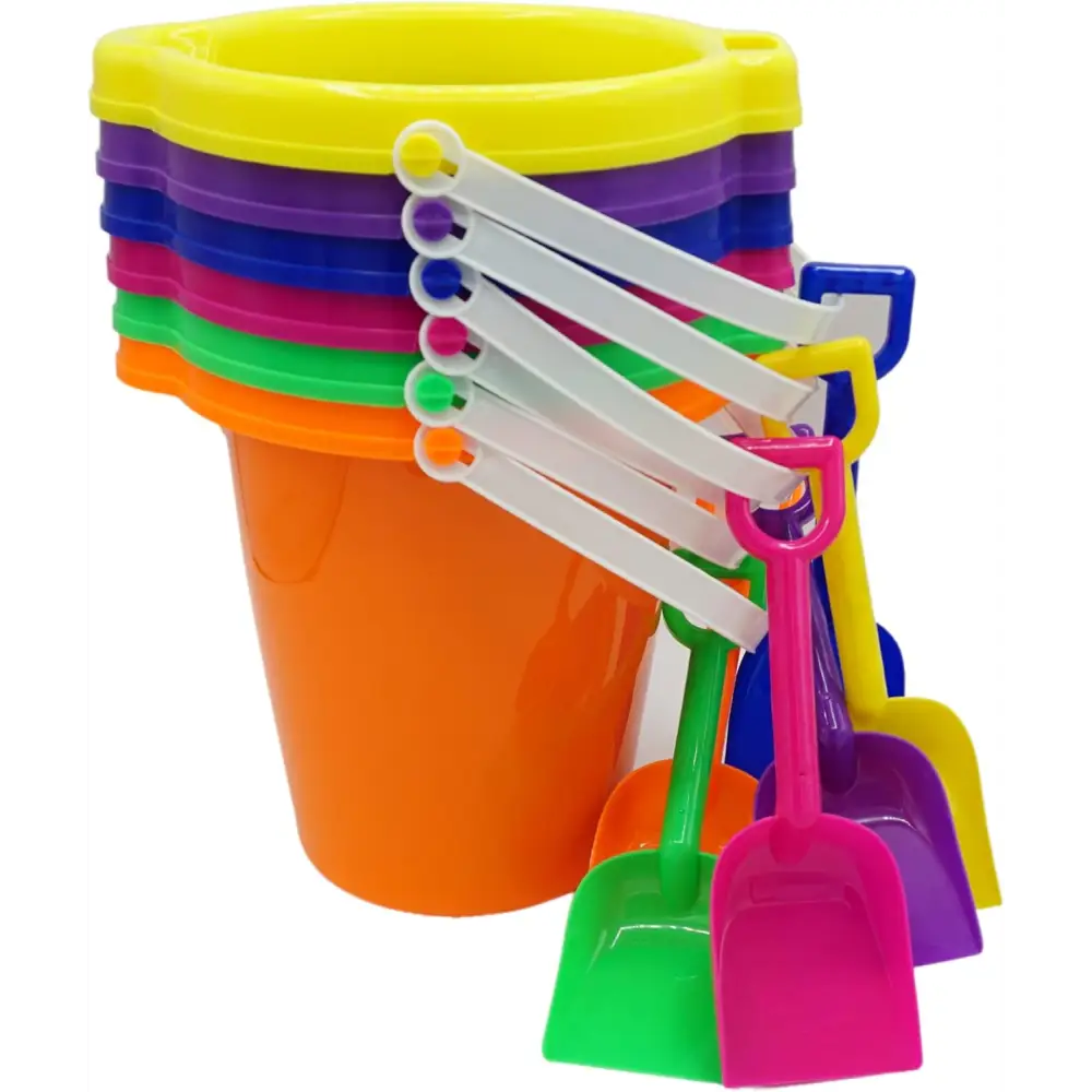 4E’s Novelty 6 Pack Beach Buckets with Shovels – 7.5’’ Sand Pails & Shovels for Kids’ Outdoor Play