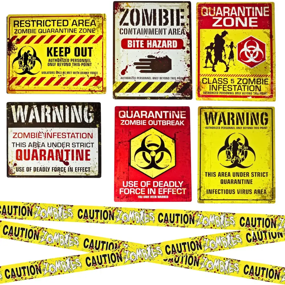 4E’s Novelty 6 pcs Cardstock Warning Signs - 11x14” Posters & 20 ft Caution Tape Roll - Halloween Decorations