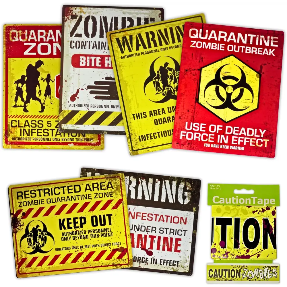 4E’s Novelty 6 pcs Cardstock Warning Signs - 11x14” Posters & 20 ft Caution Tape Roll - Halloween Decorations
