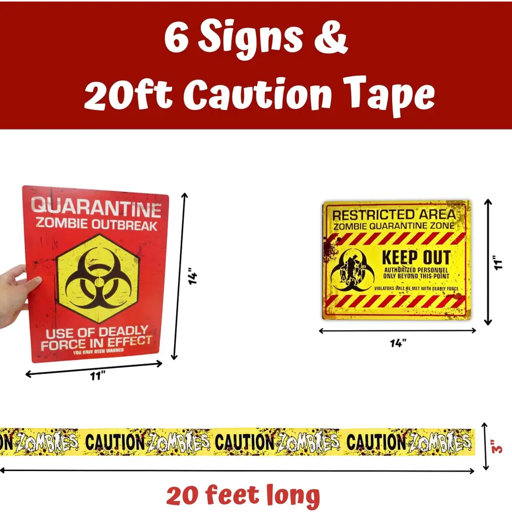 4E’s Novelty 6 pcs Cardstock Warning Signs - 11x14” Posters & 20 ft Caution Tape Roll - Halloween Decorations