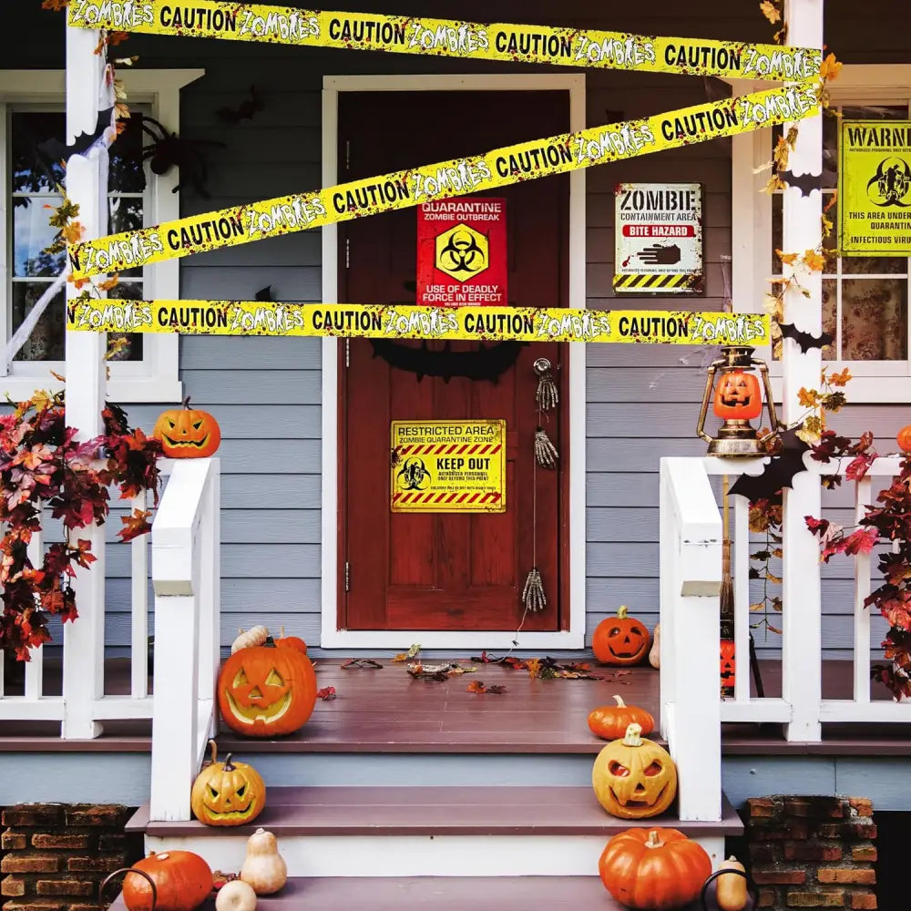 4E’s Novelty 6 pcs Cardstock Warning Signs - 11x14” Posters & 20 ft Caution Tape Roll - Halloween Decorations