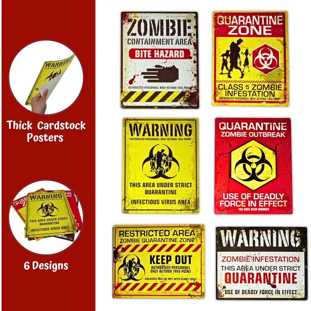 4E’s Novelty 6 pcs Cardstock Warning Signs - 11x14” Posters & 20 ft Caution Tape Roll - Halloween Decorations