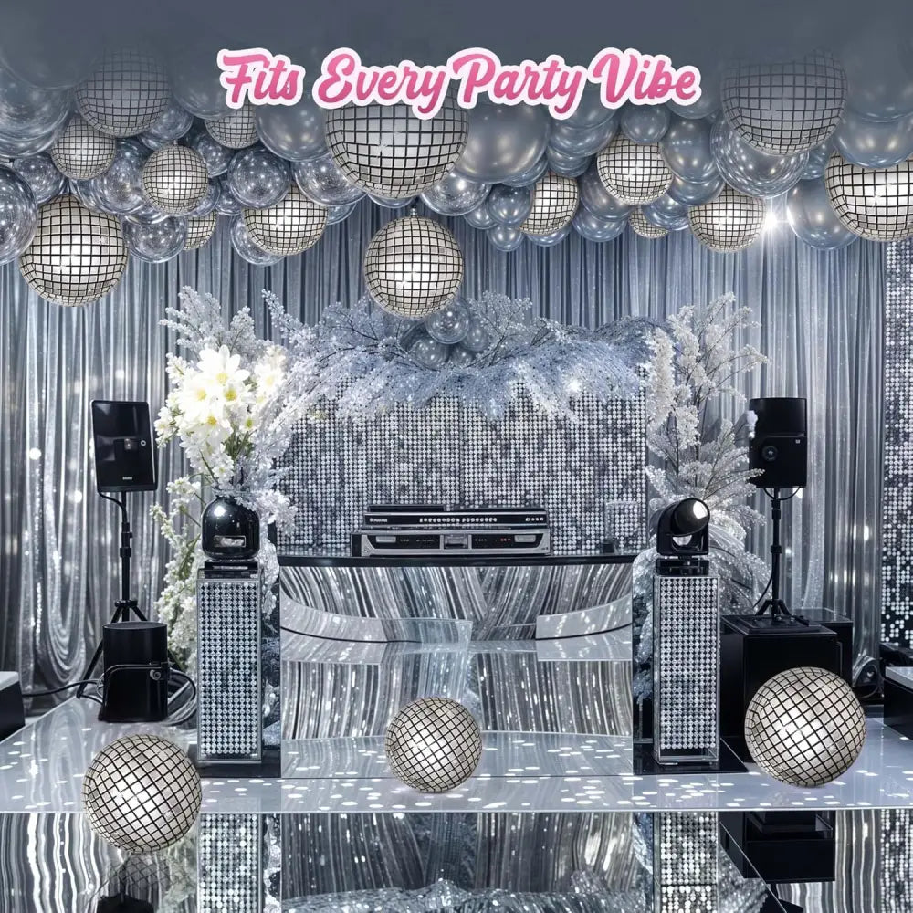 4Eโs Novelty 6 PCS Silver 22 Inch Disco Balloons Perfect for Disco Party Decorations