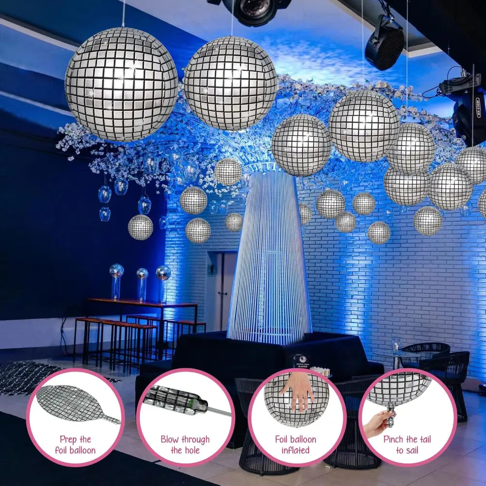 4Eโs Novelty 6 PCS Silver 22 Inch Disco Balloons Perfect for Disco Party Decorations