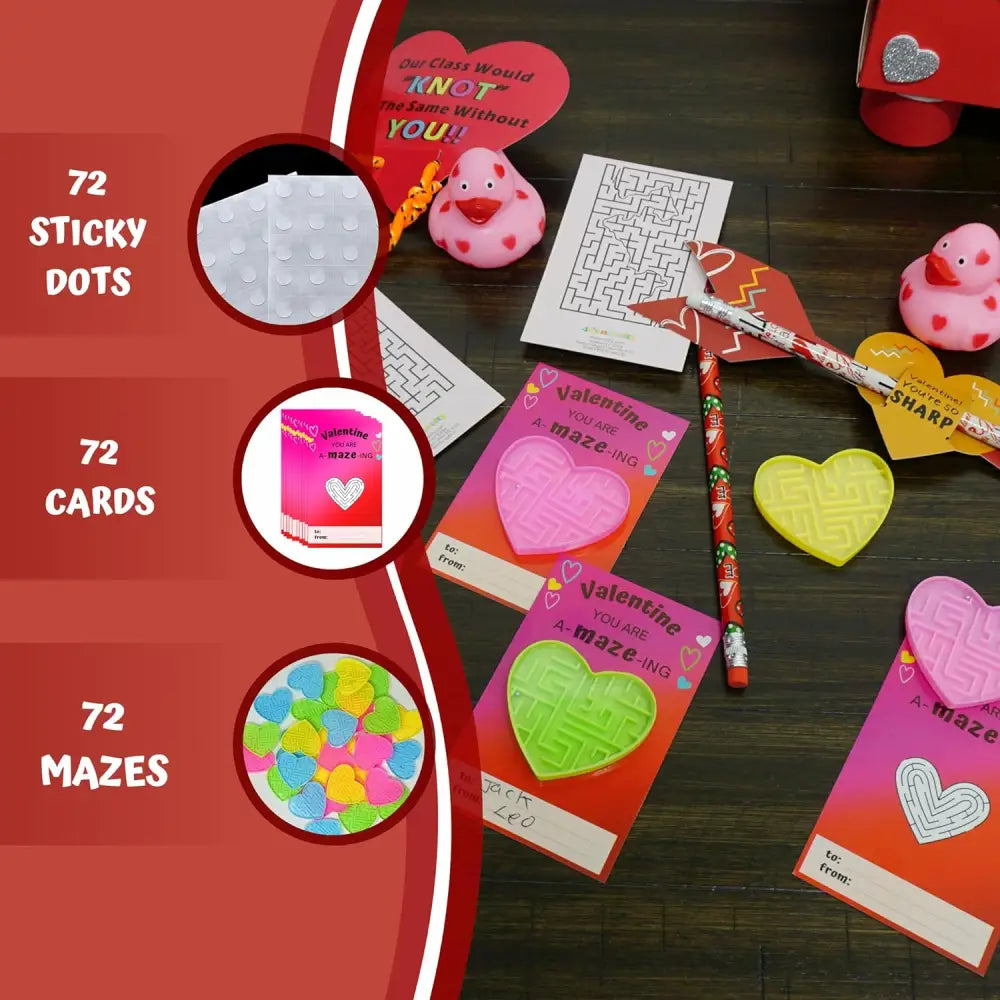 4E’s Novelty 72-Pack Heart Maze Valentine Cards – Bulk Party Favors for Kids’ School Exchange
