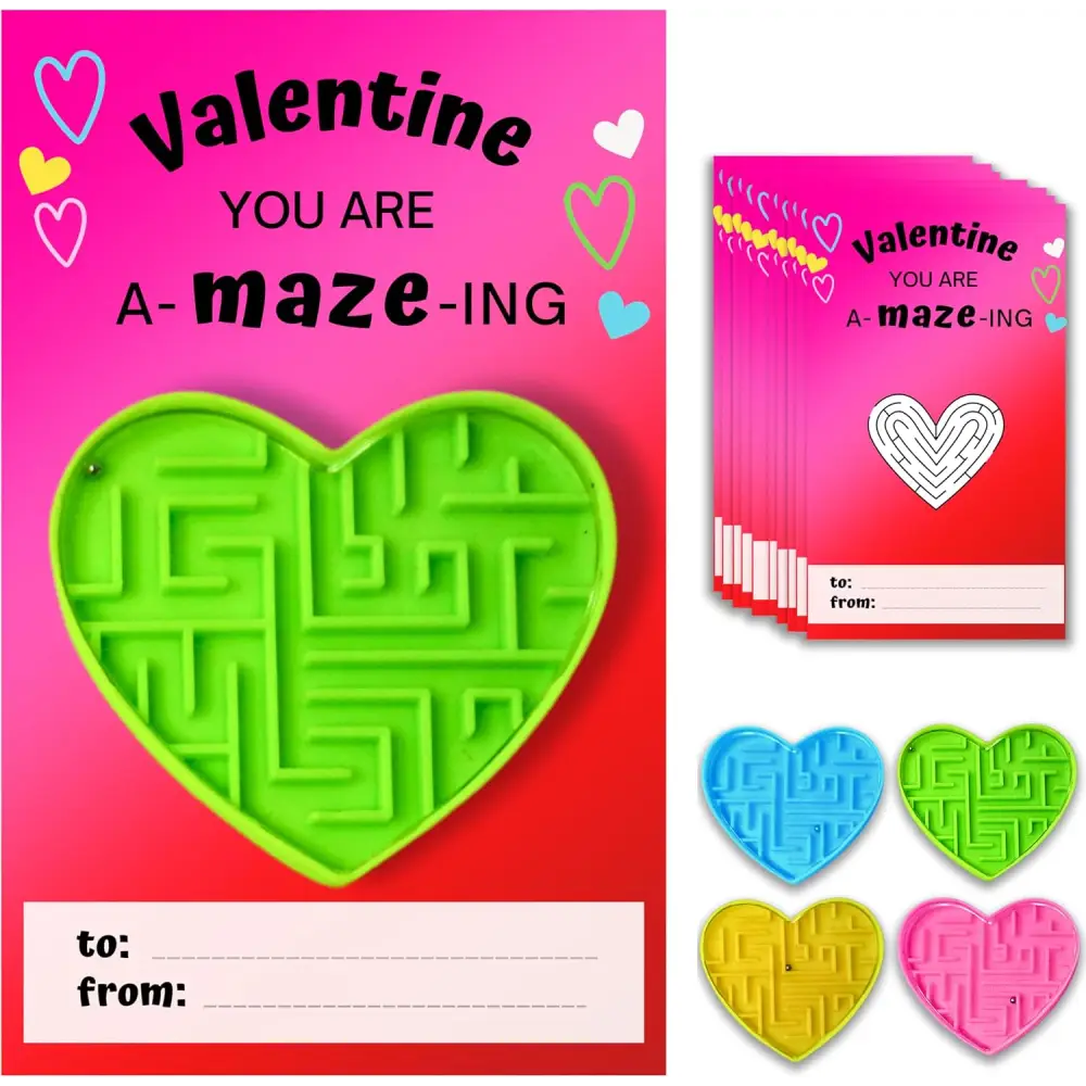 4E’s Novelty 72-Pack Heart Maze Valentine Cards – Bulk Party Favors for Kids’ School Exchange