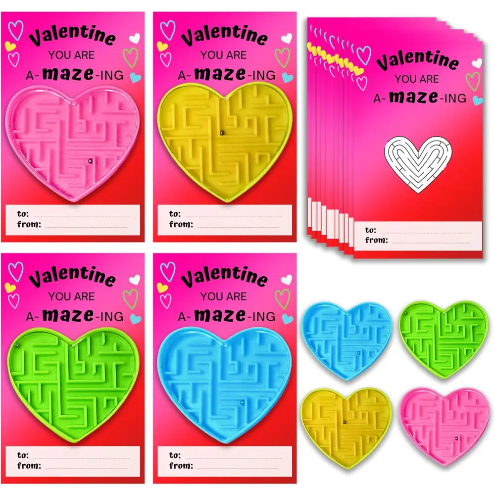 4E’s Novelty 72-Pack Heart Maze Valentine Cards – Bulk Party Favors for Kids’ School Exchange