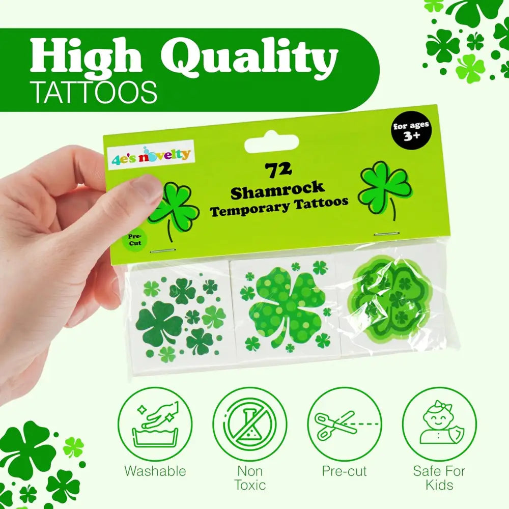 4E’s Novelty 72-Pack Shamrock Tattoos – St. Patrick’s Day Party Favors for Kids Pre-Cut Designs