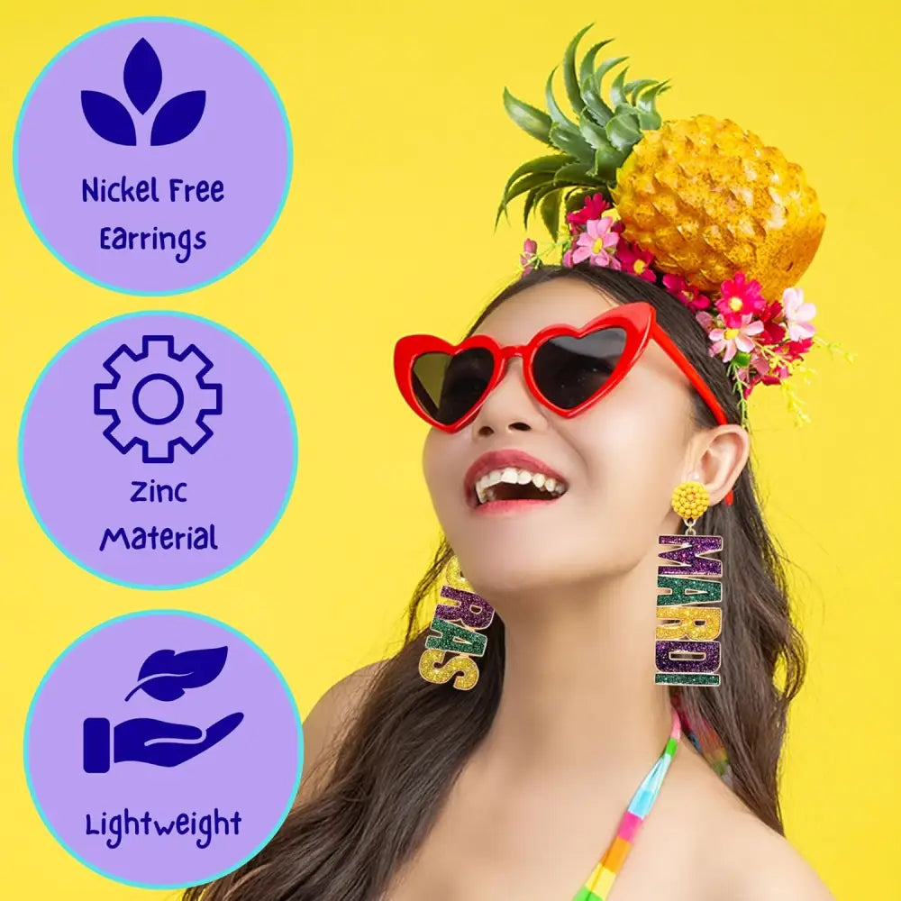 4E’s Novelty Beaded Dangle Earrings for Women – Festive Mardi Gras Fashion Jewelry