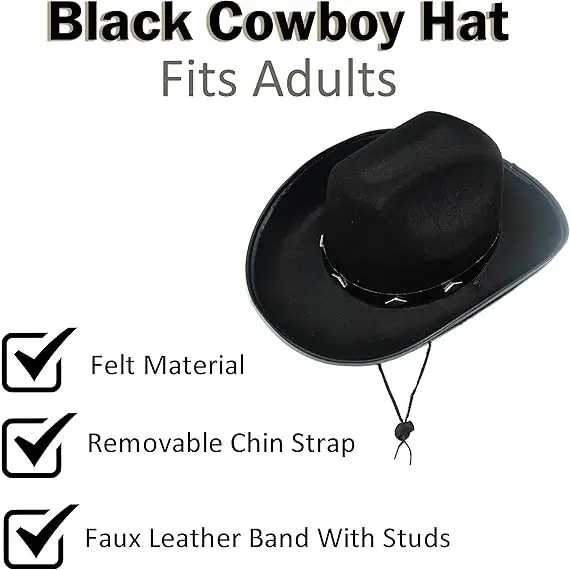 4 Pack Black Cowboy Hats Party Pack (Kid Size) - Felt Bulk Cowboy Hats, Cowgirl Hats for Women Bachelorette Party Decorations by 4E's Novelty