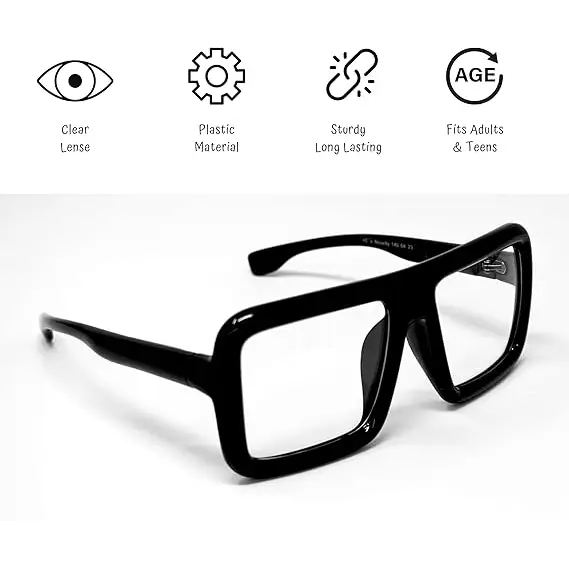 4E’s Novelty Black Oversized Glasses - Clear Lens Non-Prescription Fashion Eyewear for Adults & Kids
