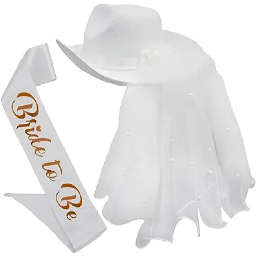 Bride Cowgirl Hat with Veil & Sash - Women White Cowboy Hat Bachelorette Party, Bridal Shower Dress Up by 4E's Novelty