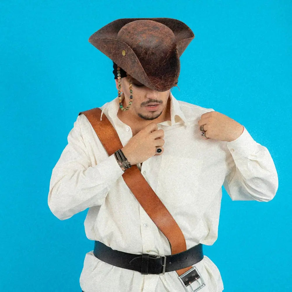 4E’s Novelty Brown Faux Leather Tricorn Hat - Pirate Costume for Men Women & Kids Pirate Accessories for Dress Up