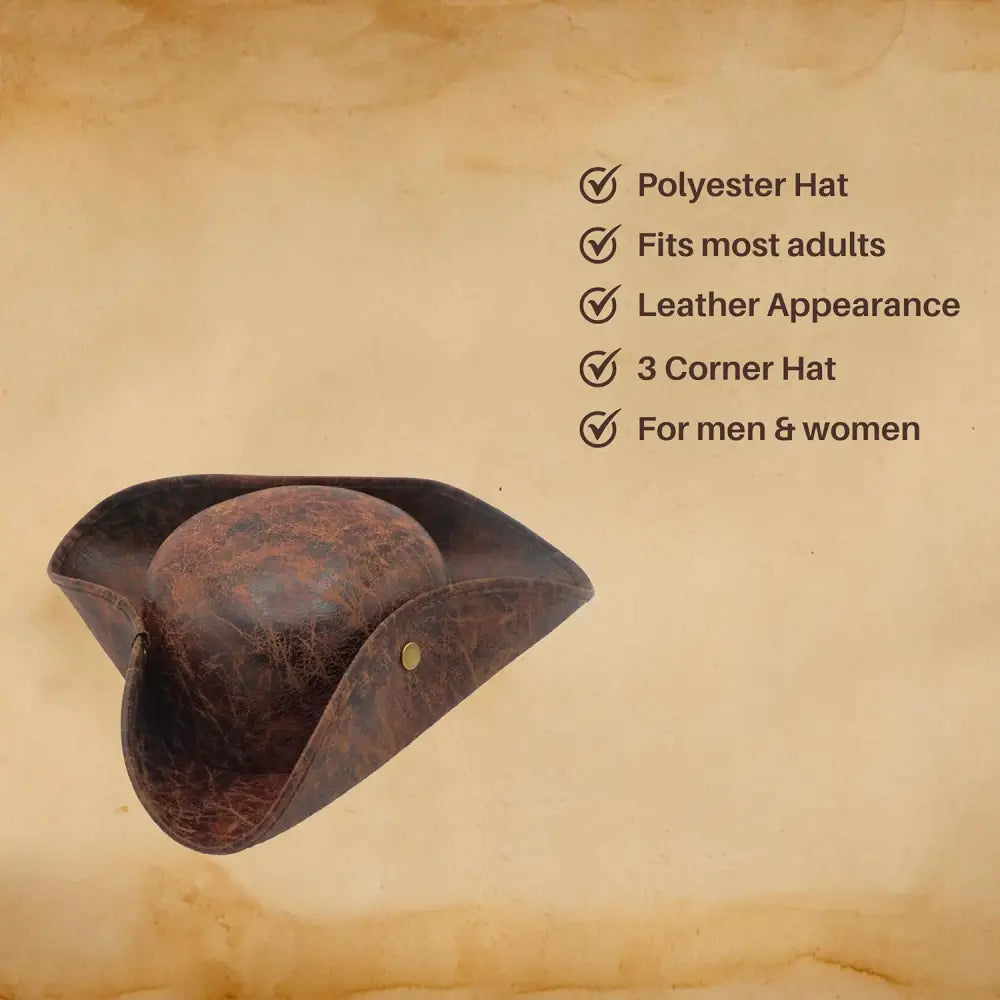 4E’s Novelty Brown Faux Leather Tricorn Hat - Pirate Costume for Men Women & Kids Pirate Accessories for Dress Up