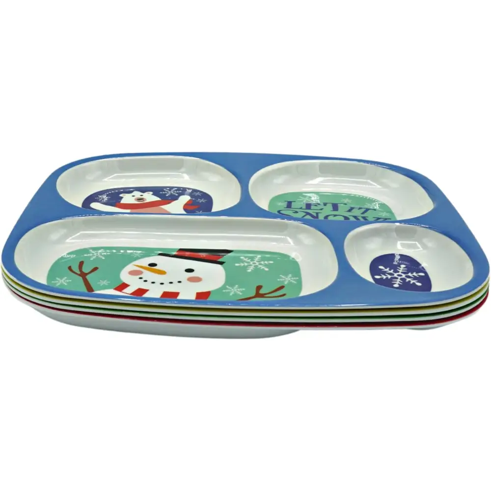 4E’s Novelty Christmas Dinnerware Kids Divided Plates (Set of 4) - BPA Free Melamine Christmas Plates for Kids Fun