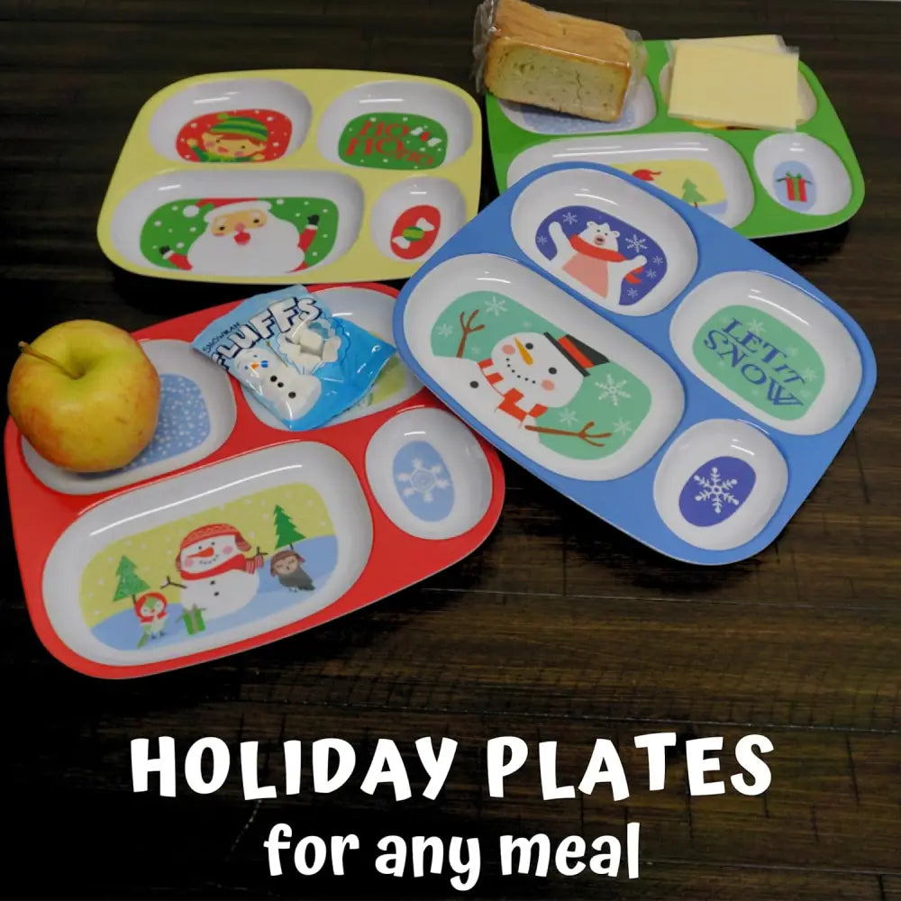 4E’s Novelty Christmas Dinnerware Kids Divided Plates (Set of 4) - BPA Free Melamine Christmas Plates for Kids Fun