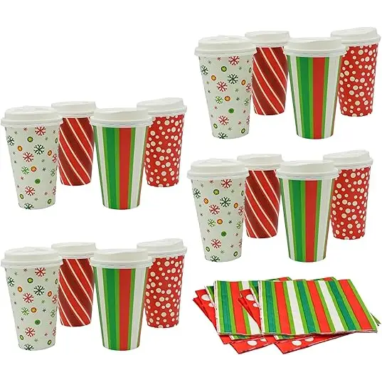 4E’s Novelty Christmas Paper Cups Disposable 16 oz With Lids & Napkins (12 Packs) for Christmas Hot Cocoa Party