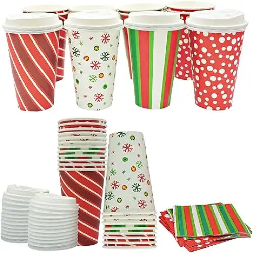 4E’s Novelty Christmas Paper Cups Disposable 16 oz With Lids & Napkins (12 Packs) for Christmas Hot Cocoa Party